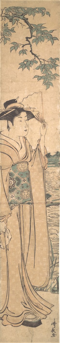 Vrouw met Waaier aan de Oever van de Sumida-rivier door Torii Kiyonaga