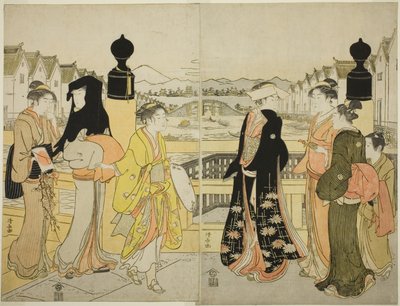 Vrouwen die de Nihonbashi-brug oversteken door Torii Kiyonaga