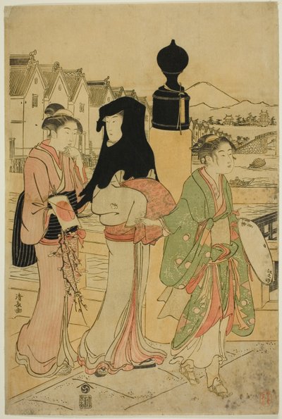 Vrouwen die de Nihonbashi-brug oversteken door Torii Kiyonaga