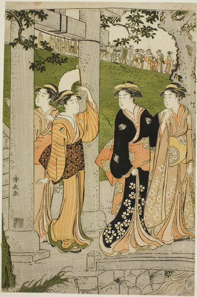 Vrouwen die het Mimeguri Heiligdom Bezoeken door Torii Kiyonaga