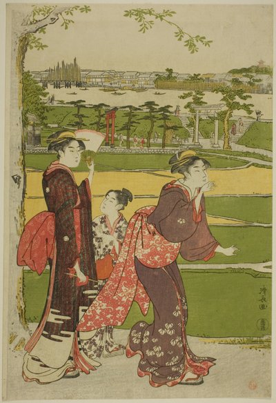 Vrouwen die het Mimeguri-heiligdom bezoeken door Torii Kiyonaga