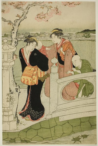 Vrouwen en kinderen op de dam bij Shinobazu-vijver door Torii Kiyonaga