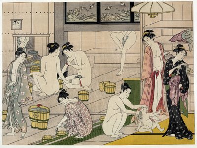 Vrouwen in een openbaar bad. Japanse prent door Torii Kiyonaga (1752-1815), circa 1785. Torii School (ukiyo-e) door Torii Kiyonaga