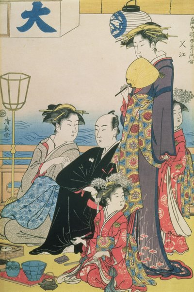 Vrouwen van de Gay Quarters, rechter paneel van een tweeluik (kleur houtsnede) door Torii Kiyonaga