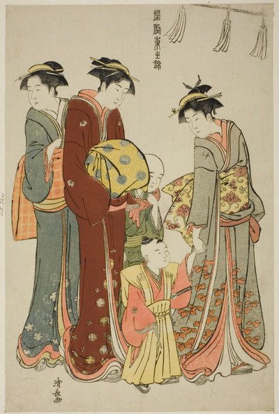 Jonge jongen die voor het eerst een hakama draagt, uit de serie "Een brokaat van oosterse manieren" door Torii Kiyonaga
