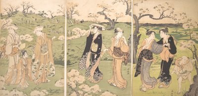 Jonge dames bekijken kersenbloesems bij Asukayama door Torii Kiyonaga