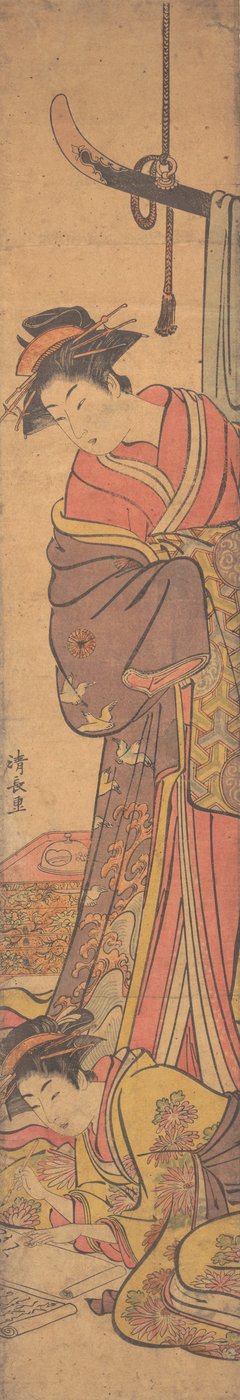 Jonge Vrouw die over de Schouder van een Ander Kijkt die een Brief Schrijft door Torii Kiyonaga