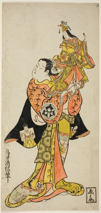 De acteur Yamashita Kinsaku met een pop van de keizerin in het stuk "Dagboek van een reis over zee naar Izu (Funadama Izu Nikki)," uitgevoerd in het Nakamura Theater in de eerste maand, 1725 door Torii Kiyonobu II