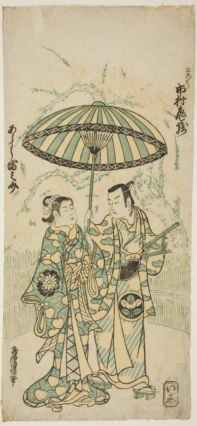 De acteurs Ichimura Kamezo I als Kanto Koroku en Arashi Tominosuke I als Hayasaki in het stuk "Hokazo Yunzei Hachinoki," uitgevoerd in het Ichimura Theater in de elfde maand, 1748 door Torii Kiyonobu II
