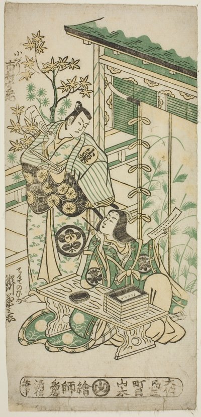 De acteurs Ichimura Uzaemon VIII als Oguri Hangan en Segawa Kikunojo I als Terute no Mae in het stuk "Mangetsu Oguri Yakata," uitgevoerd in het Ichimura Theater in de achtste maand, 1747 door Torii Kiyonobu II