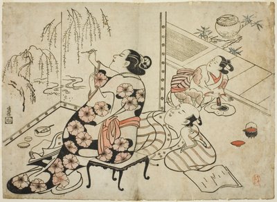 Courtisane Schildert een Scherm, uit een serie van 12 erotische prenten door Torii Kiyonobu I