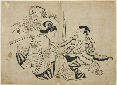 Lezen van een brief voor een scherm, uit een ongetitelde serie van 12 prenten door Torii Kiyonobu I