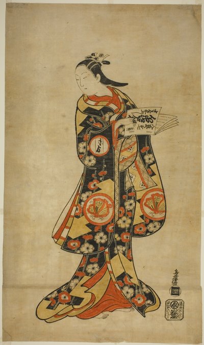 De acteur Sanjo Kantaro II als Oshichi in het stuk "Nanakusa Fukki Soga," opgevoerd in het Ichimura Theater in de eerste maand, 1718 door Torii Kiyonobu I