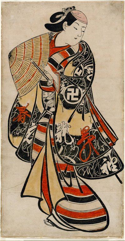 De acteur Takii Hannosuke als verwijfde jongeling, ca. 1707 (handgekleurde houtsnede; tan-e, verticale o-oban) door Torii Kiyonobu I