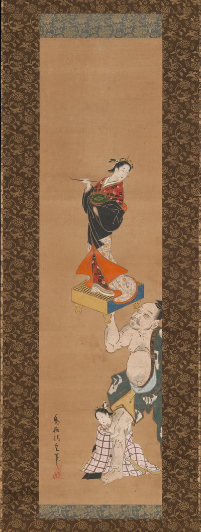 De krijger Asahina Yoshihide tilt een pop van een courtisane op een Go-bord op door Torii Kiyoshige