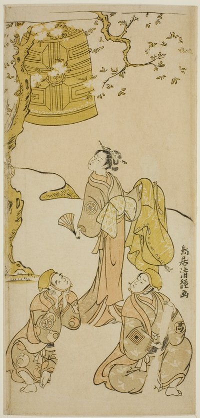 De acteurs Segawa Kikunojo II, Ichikawa Komazo II en Arashi Otohachi I in het stuk "Fude Hajime Soga no Tamazusa," uitgevoerd in het Nakamura Theater in de eerste maand, 1768 door Torii Kiyotsune