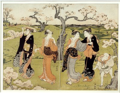 Picknick onder kersenbloesems in Assaakayama. Japanse prent door Torii Kiyonaga (1752-1815), Ukiyo-E stijl door Torii Kuyonaga