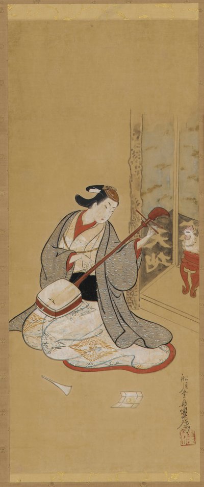 Een acteur in vrouwenkleding die een samisen bespeelt, Edo-periode, midden-late 18e eeuw door Toriyama Sekien