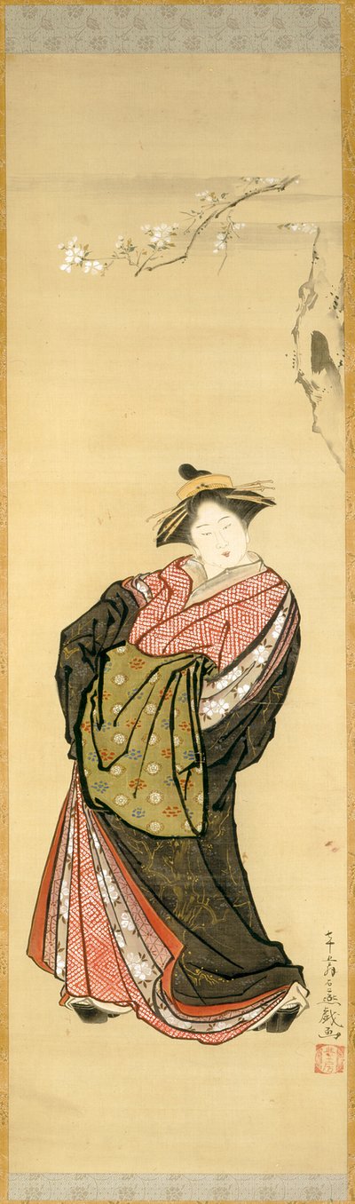 Courtisane en kersenbloesemtak door Toriyama Sekien