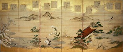 Zesdelig scherm met vogels en bloemen van de twaalf maanden door Tosa Mitsunari
