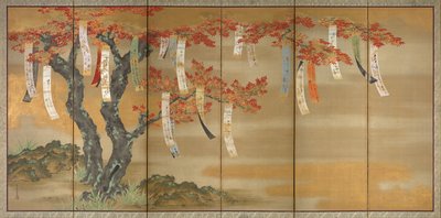 Bloeiende kers en herfstesdoorns met gedichtstroken, 1654-81 door Tosa Mitsuoki