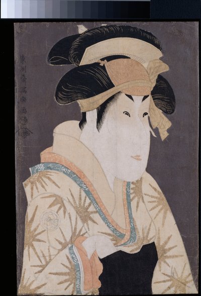 Een okubi-e portret van de acteur Segawa Kikunojo III in de rol van Oshizu, de vrouw van Tanabe Bunzo, uit het stuk Hana-ayame bunroku soga uitgevoerd in het Miyakoza theater in de vijfde maand van Kansei 6, ca. 1794 door Toshusai Sharaku