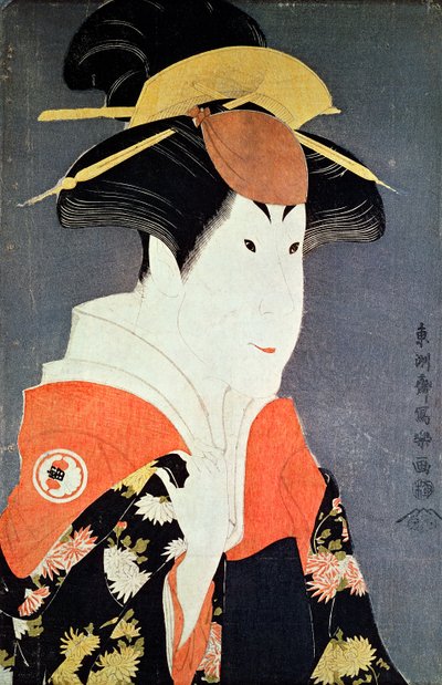 Hoofd en schouders van de kabuki-acteur Segawa Tomisaburo II als Yadorigi, vrouw van Ogishi Kurando, gepubliceerd in 1794 door Toshusai Sharaku