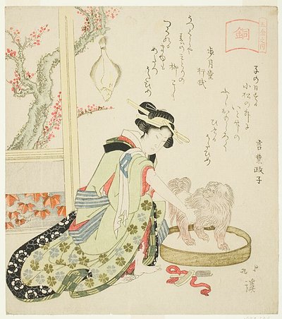 Brons (Do), Vrouw die pekinees verzorgt, uit de serie "De vijf metalen (Gokin no uchi)". door Totoya Hokkei