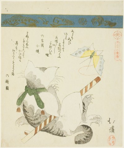 Kat die met een speelgoedvlinder speelt, uit de serie "Zesendertig afbeeldingen van vogels (Sanjuroku kinzoku)" door Totoya Hokkei