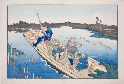 Veerboot die de Sumida-rivier oversteekt, uit het album "Vrienden van de drie hoofdsteden (Santo no tomoe)" door Totoya Hokkei