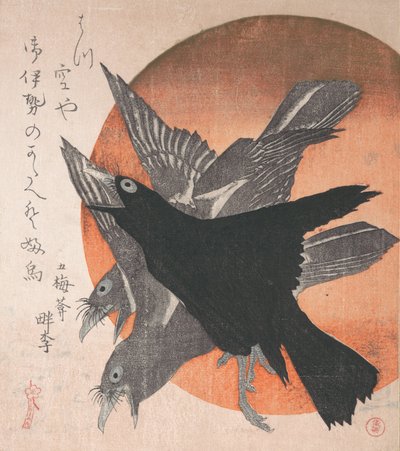 Drie Kraaien tegen de Opkomende Zon, uit de serie Drie Bladen Mihira no uchi, midden 1810s door Totoya Hokkei