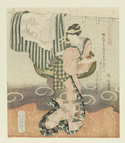 Vrouw met sake kopje door Totoya Hokkei