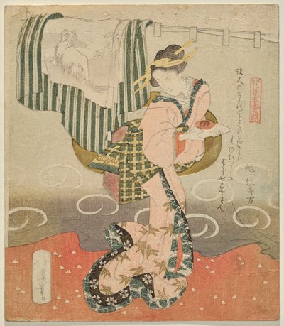 Vrouw met een sakebeker voor een gordijn en gedrapeerde kimono uit Vijf Bladen voor Bloemenkijken door Totoya Hokkei