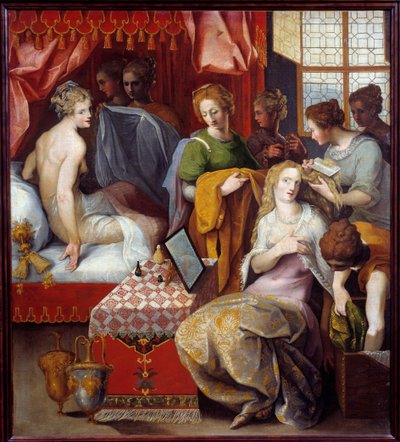 Hyante en Clymene bij hun toilet Hyante (Hyanthe) en Clymene, twee dochters van de koning van Kreta die Francus herbergen, verliefd op deze held, zijn bezig met hun toilet om te verleiden - Schilderij door Toussaint Dubreuil (1561-1602) Dim 1,07x0,96 m door Toussaint Dubreuil