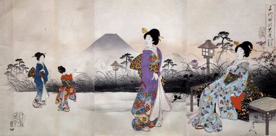 Japanse vrouwen wandelen voor de berg Fuji Japanse prent door Toyohara Chikanobu (1838-1912) 1896 Privécollectie door Toyohara Chikanobu
