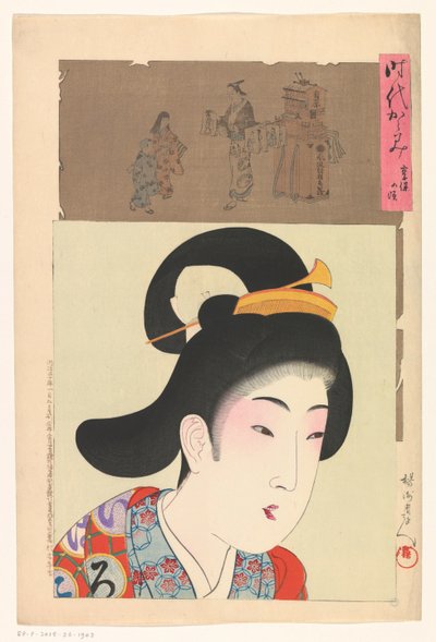 Portret van een vrouw en een prenthandelaar door Toyohara Chikanobu