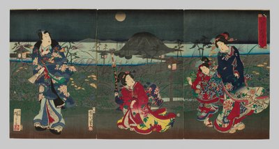 Genji Getekend in Verschillende Stijlen: Uitzicht op Akashi Bay (Kakiwake Genji, Akashi ura no kei) door Toyohara Kunichika