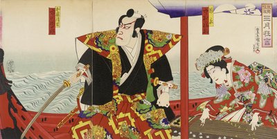 Ichikawa Danjūrō en Nakamura Fukusuke in de rollen van Katō Kiyomasa en Hinakinu door Toyohara Kunichika