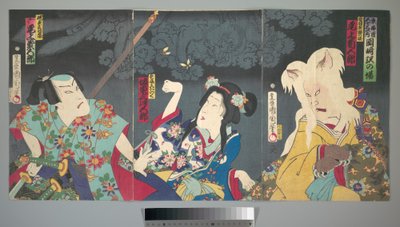 Onoe Kikugorō V als Otowake Neko no ke (Rechts), Bandō Mitsugorō IV als Aishō Michinoku (Mitte), Onoe Kikugorō V als Isogai Mibunosuke (Links) im Kabuki-Stück Tōkai Kidan Nekomata Yashiki door Toyohara Kunichika