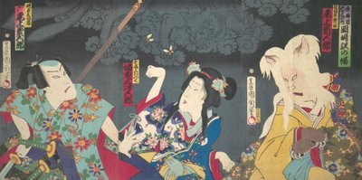 Onoe Kikugoro V als Otowake Neko no ke Rechts, Bando Mitsugoro IV als Aisho Michinoku Cent, 1870 door Toyohara Kunichika
