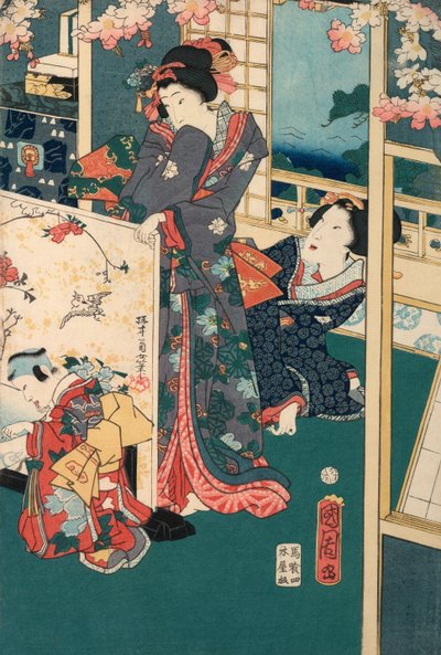 Lente-uitje in een villa diptych: vrouwen in interieur door Toyohara Kunichika