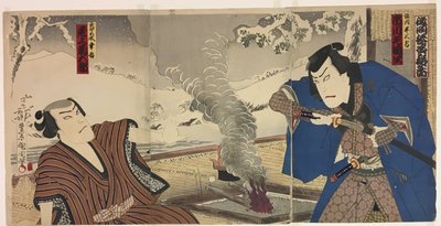 De acteurs Ichikawa Sadanji I als Tsunekawa en Onoe Kikugoro als Mizorogi Koichi door Toyohara Kunichika