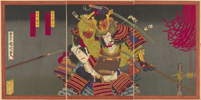De acteurs Ichikawa Sadanji I als Imagawa Yoshimoto en Onoe Kikugoro V als Mori Shinsuke door Toyohara Kunichika