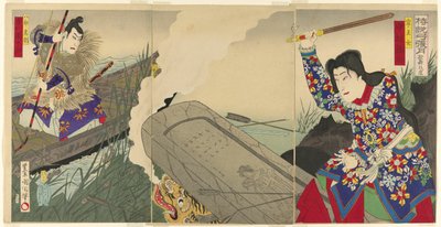De acteurs Nakamura Fukusuke IV als Neiojo en Ichikawa Danjuro IX als Hachiro Tametomo door Toyohara Kunichika
