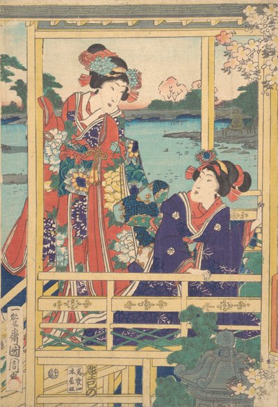 Twee schoonheden in de lentetuin met een vijver, ca. 2e maand, 1864 door Toyohara Kunichika