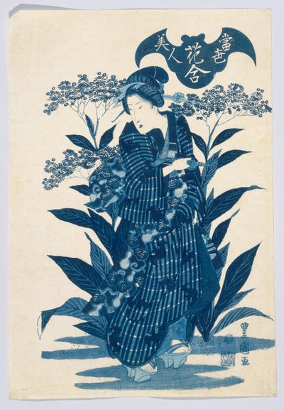 Schoonheden van de nieuwste mode vergeleken met de schoonheid van bloemen (Tosei Bijin), uit bloemenkaarten (Hanaawase) door Toyokuni II