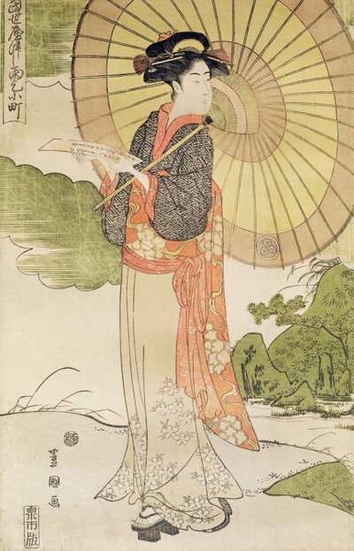 Staande vrouw met een parasol door Toyokuni II