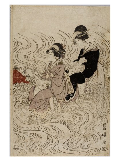 Feest van courtisanes die een door golven geteisterde rivier doorwaden door Toyokuni Utagawa