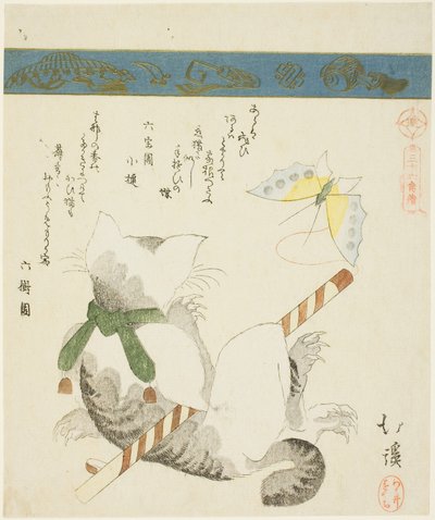 Kat die met een Speelgoedvlinder speelt, uit de serie "Zesendertig Afbeeldingen van Vogels (Sanjuroku kinzoku)" door Toyota Hokkei