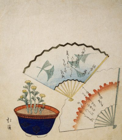 Vaas met Adonis en twee waaiers versierd met gedichten door Ichotei Mitsunori en Fudegaki, circa 1830 door Toyota Hokkei